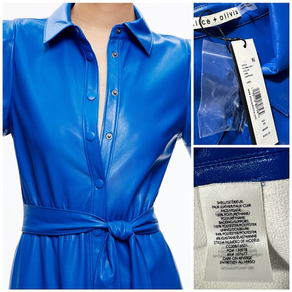 Alice + Olivia Miranda Sapphire Blue Vegan Leather Button Front Tiered Dress - Picture 15 of 16